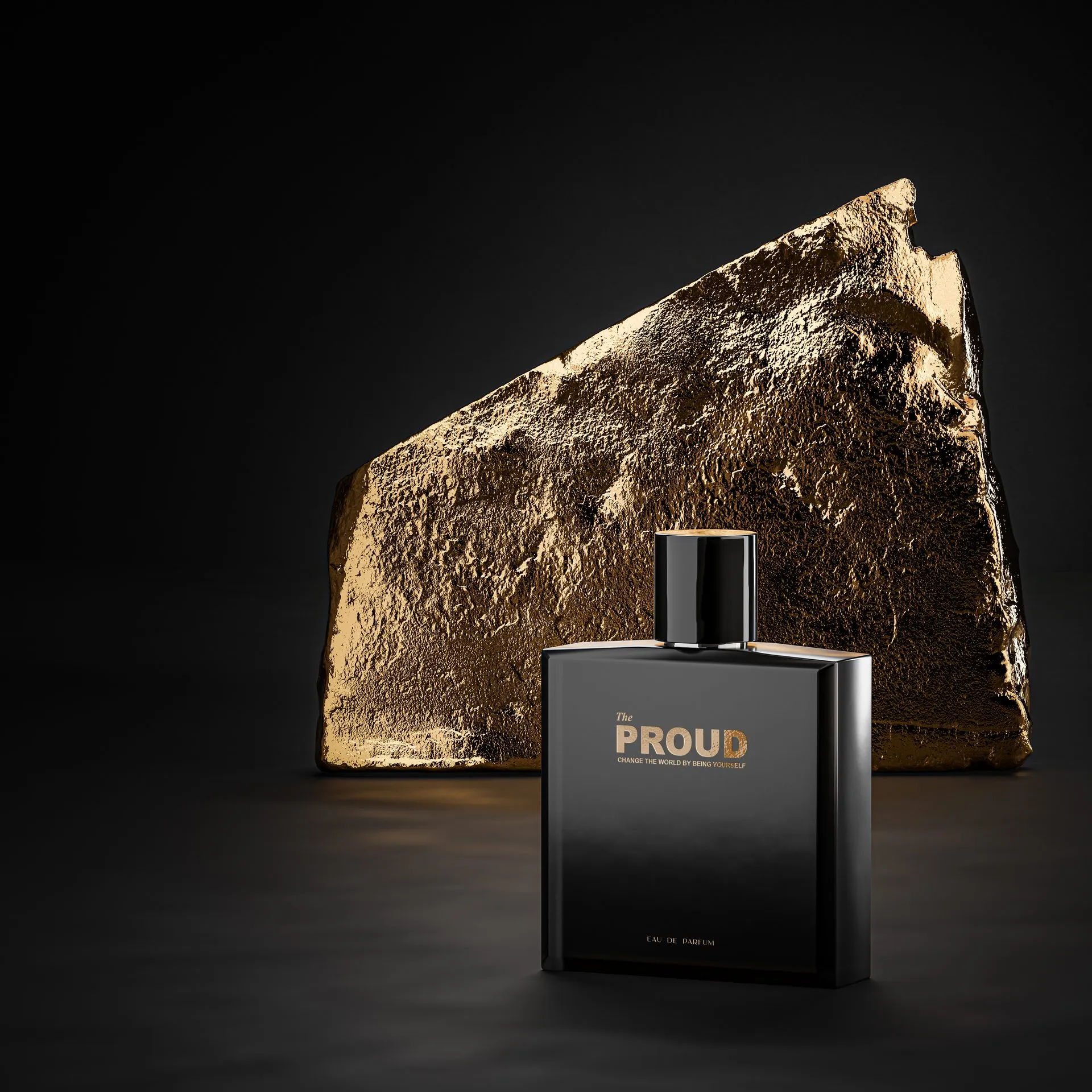 The Proud bottle in front of a gold rock