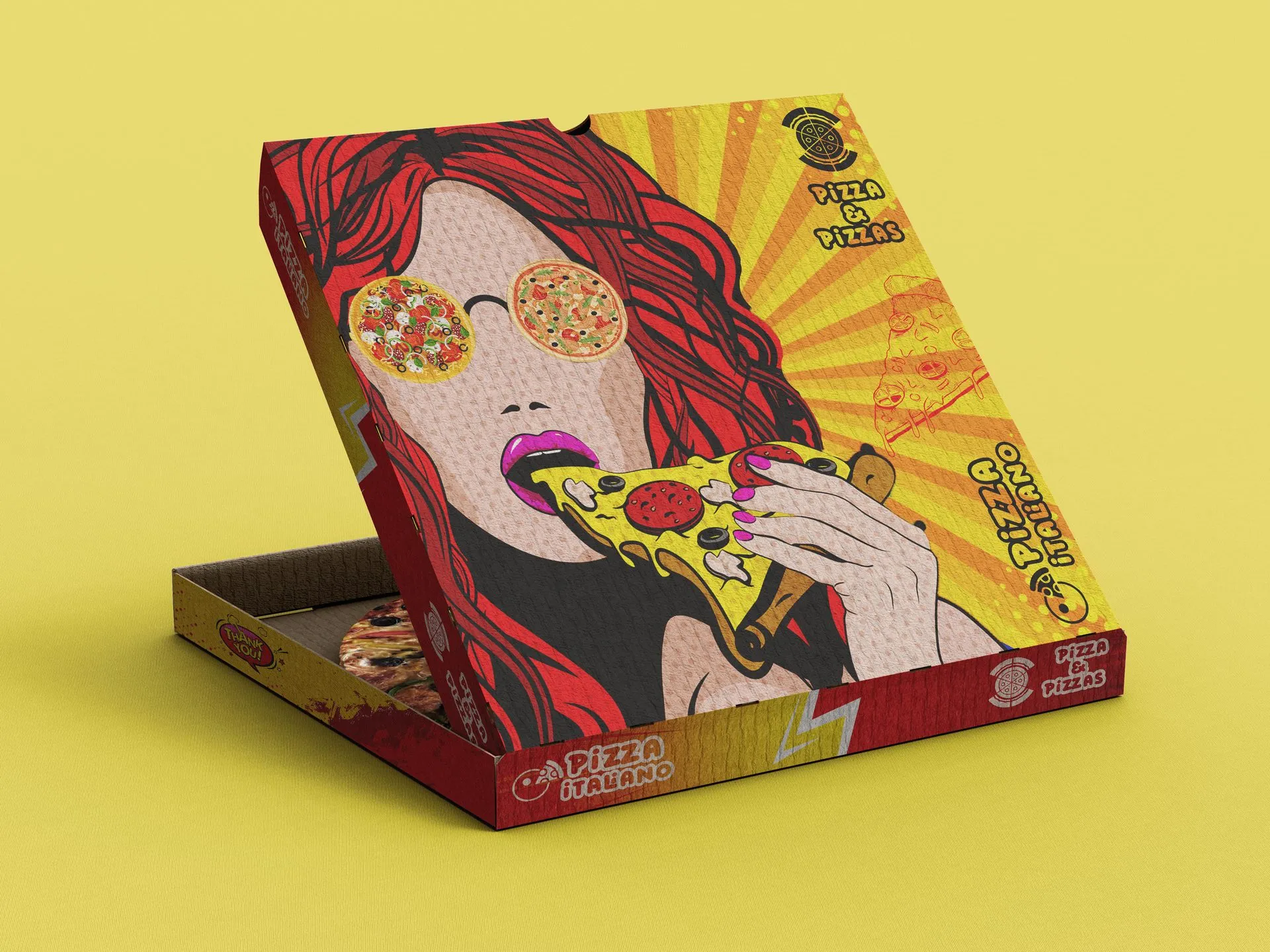 Pizza & Pizzas box on yellow