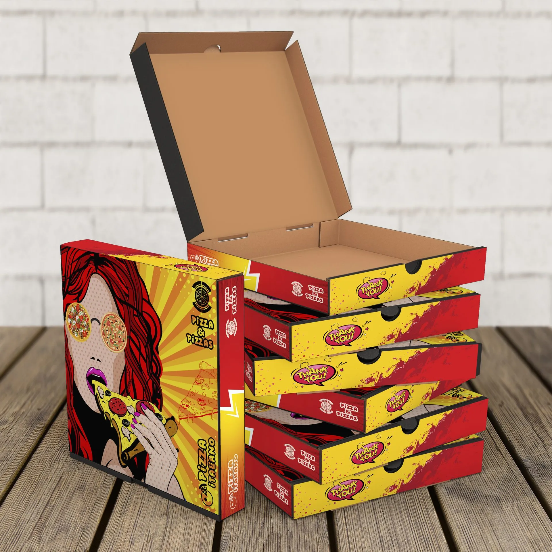 Open Pizza & Pizzas box on a stack