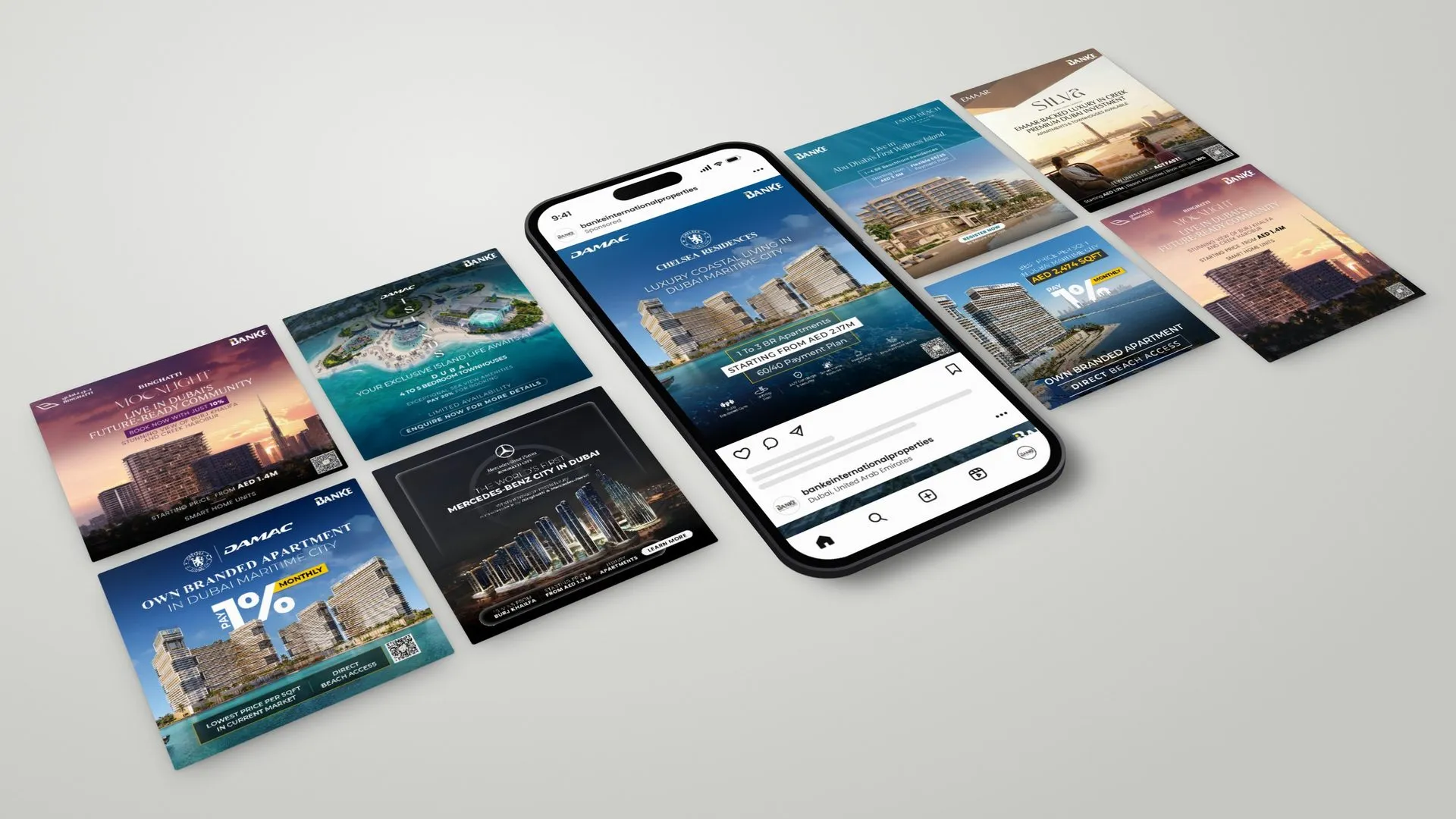Meta ads for DAMAC, Binghatti, Emaar and Fahid Beach around a phone