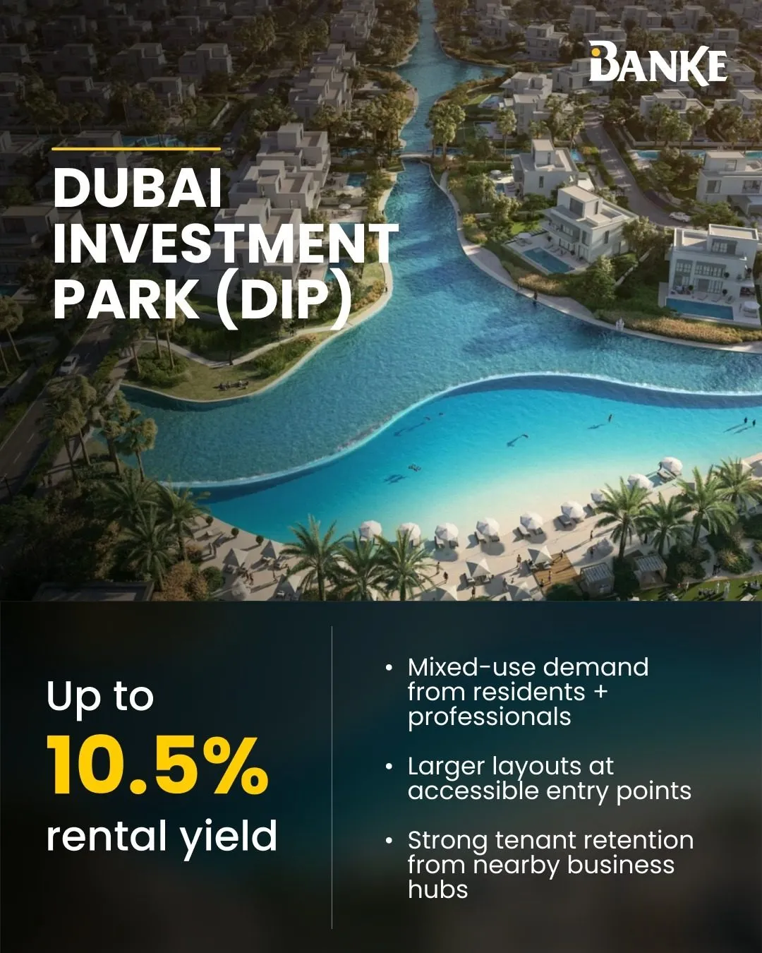 Banke Instagram post: Dubai Investment Park, up to 10.5% rental yield