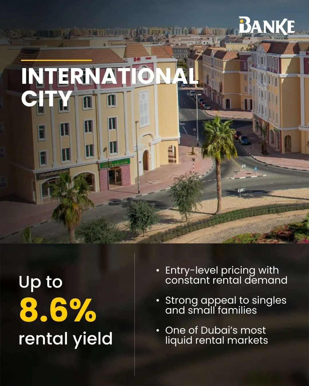 Banke Instagram post: International City, up to 8.6% rental yield