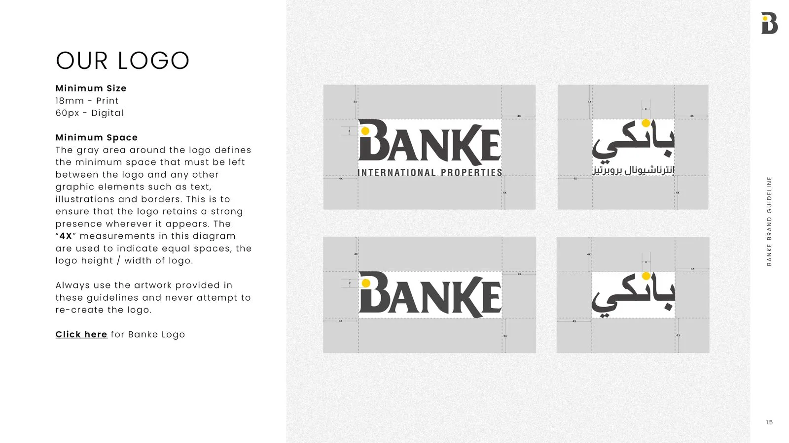 Banke brand guidelines: logo size and clear space