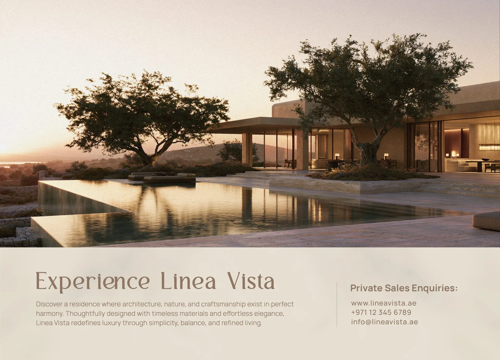 Linea Vista brochure back page with the villa at sunset