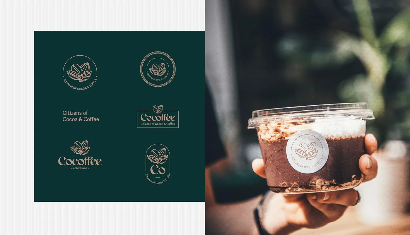 Cocoffee logo variations and takeaway cup