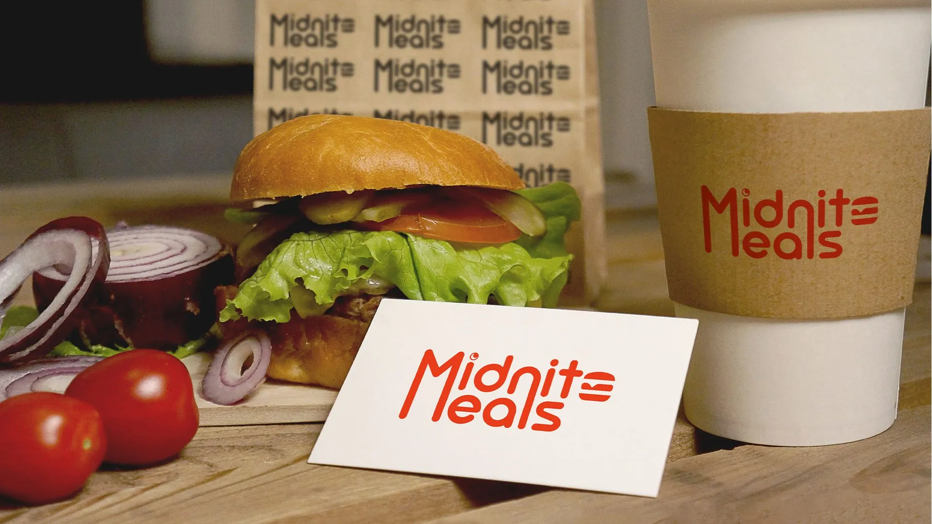Midnite Meals burger, coffee sleeve and card