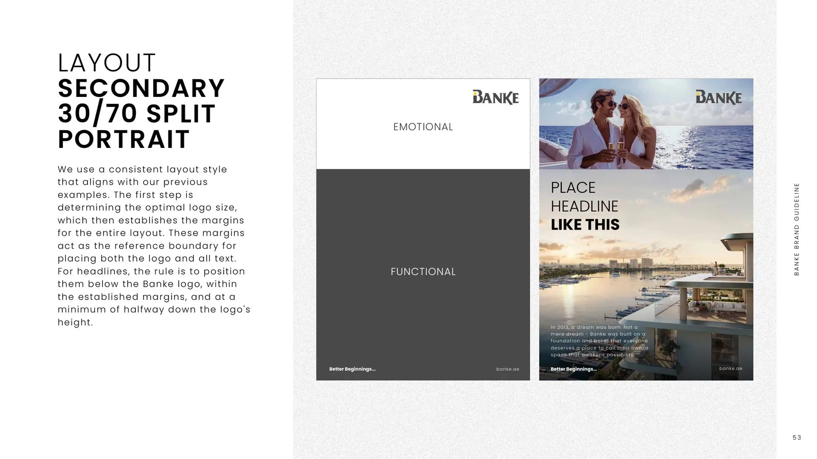 Banke brand guidelines: split layout