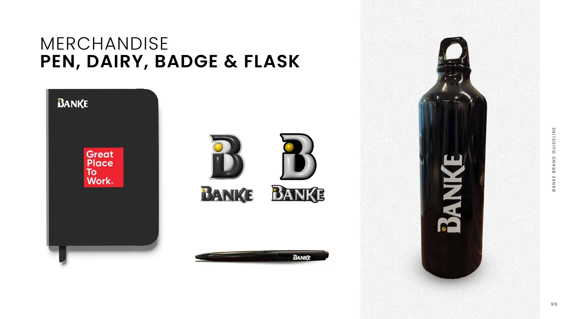 Banke brand guidelines: notebook, pen, badges and flask