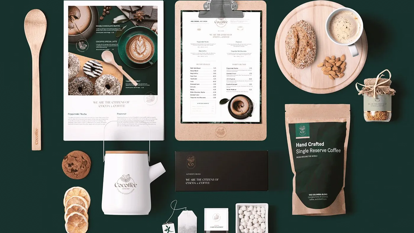 Cocoffee stationery and packaging flat lay