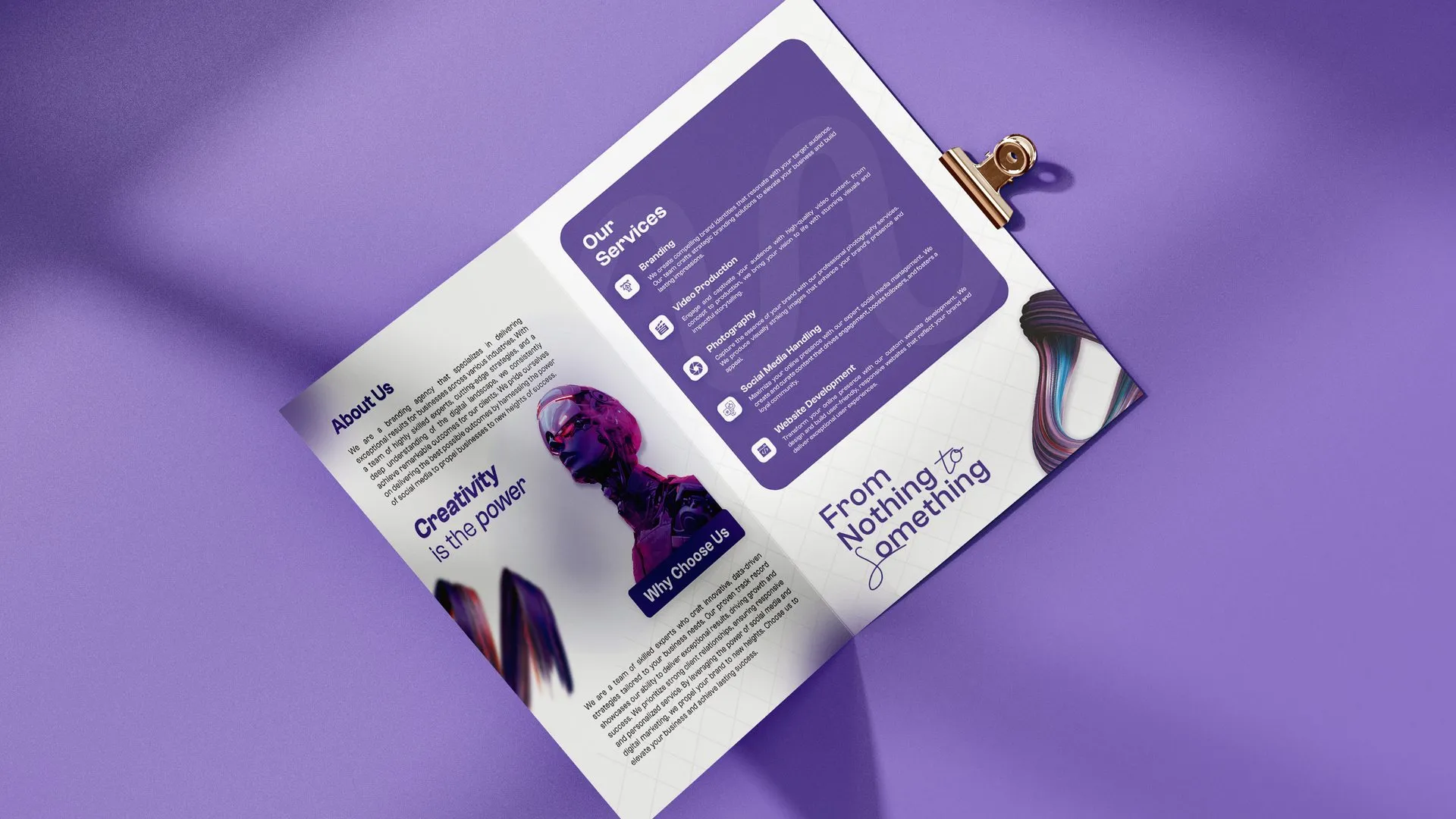 Zero Agency brochure on a violet background