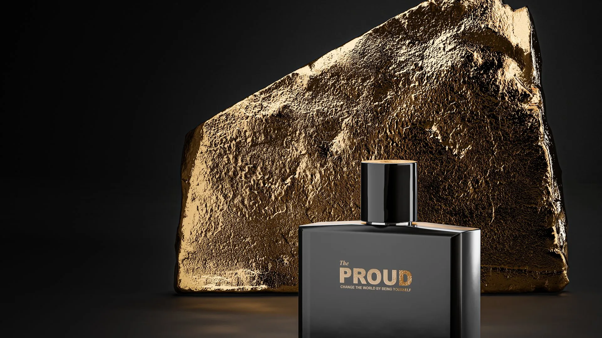 The Proud perfume bottle in front of a gold rock