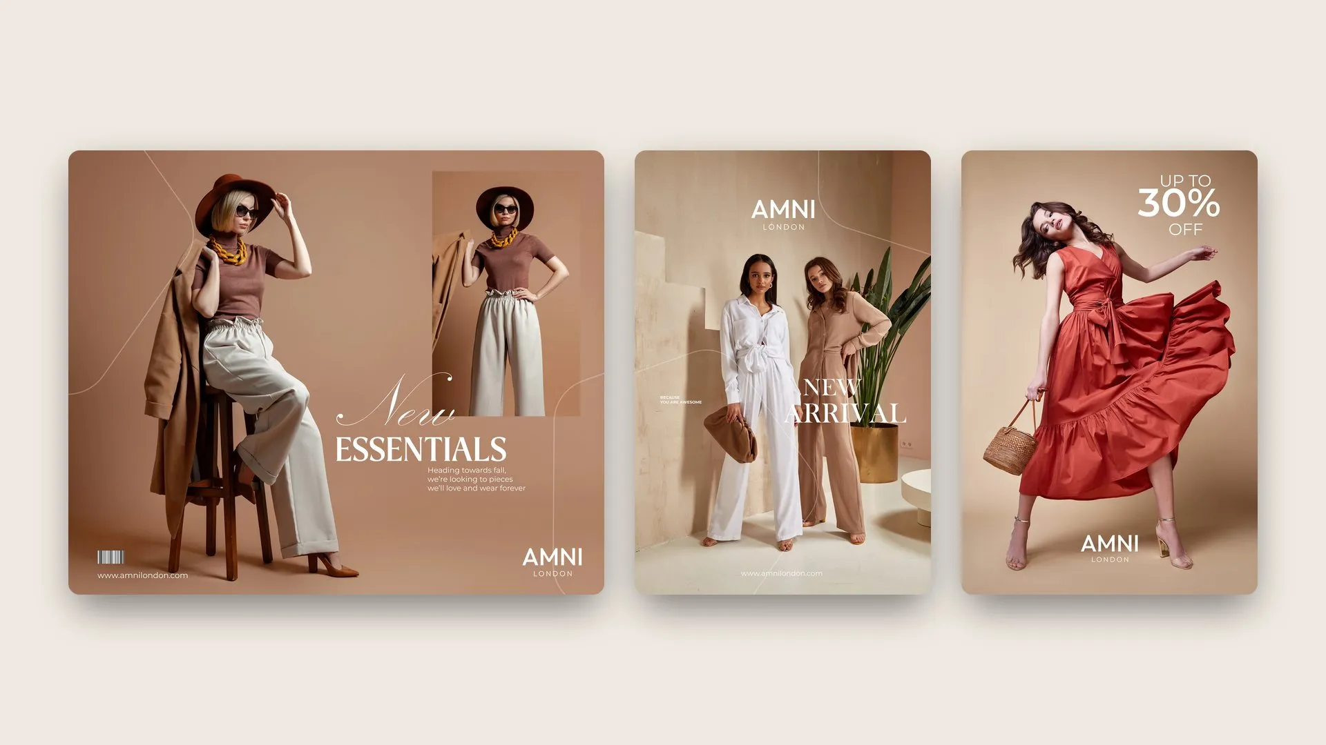 Three AMNI London fashion posts side by side