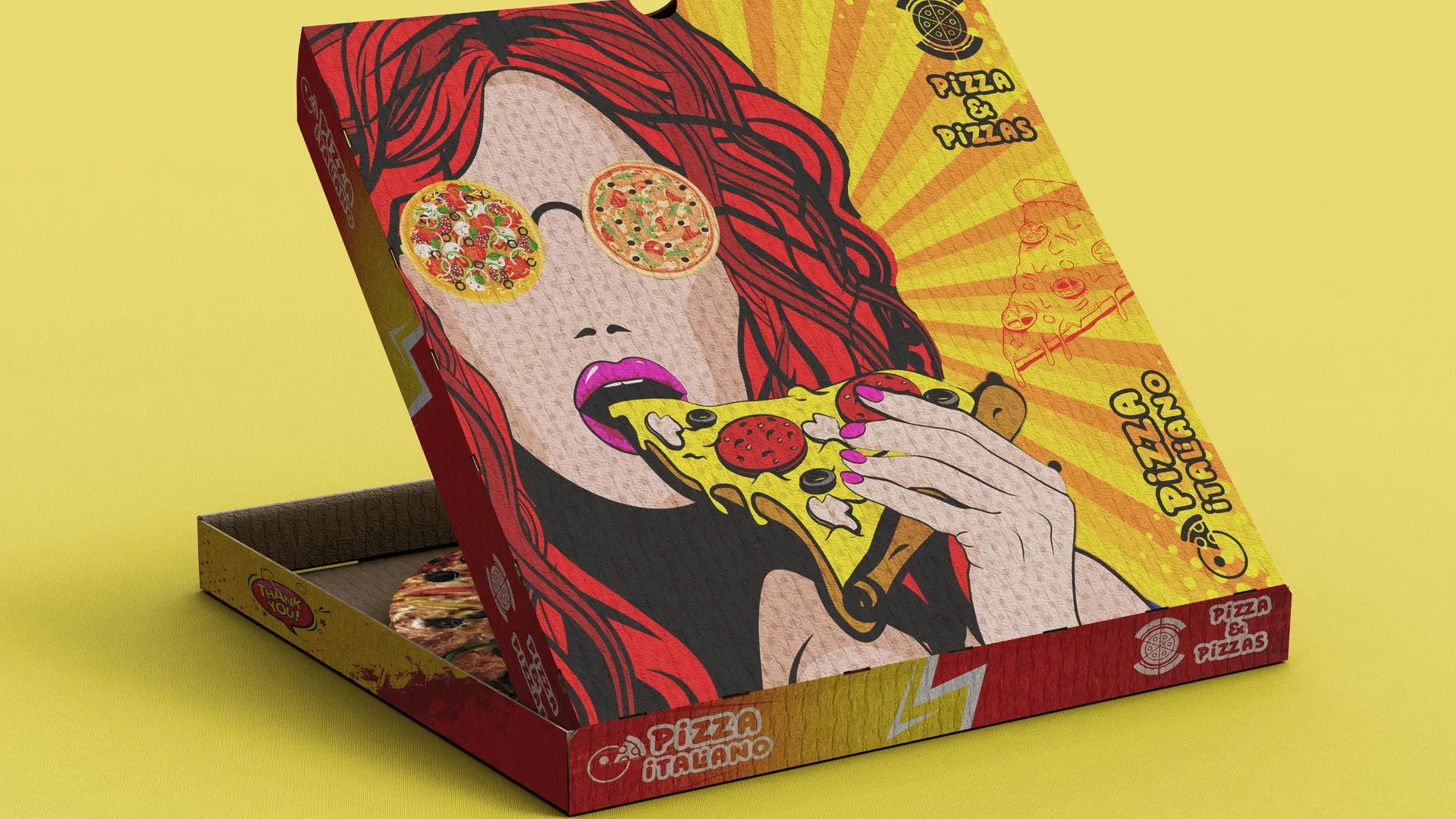 Pizza & Pizzas box on a yellow background