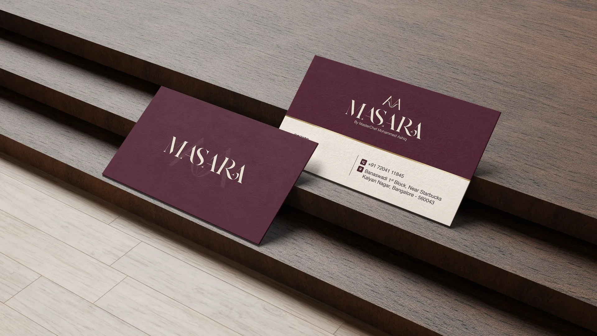 Masara business cards on wooden steps