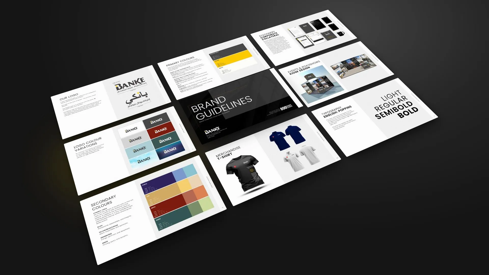 Pages of the Banke brand guidelines laid out in a grid