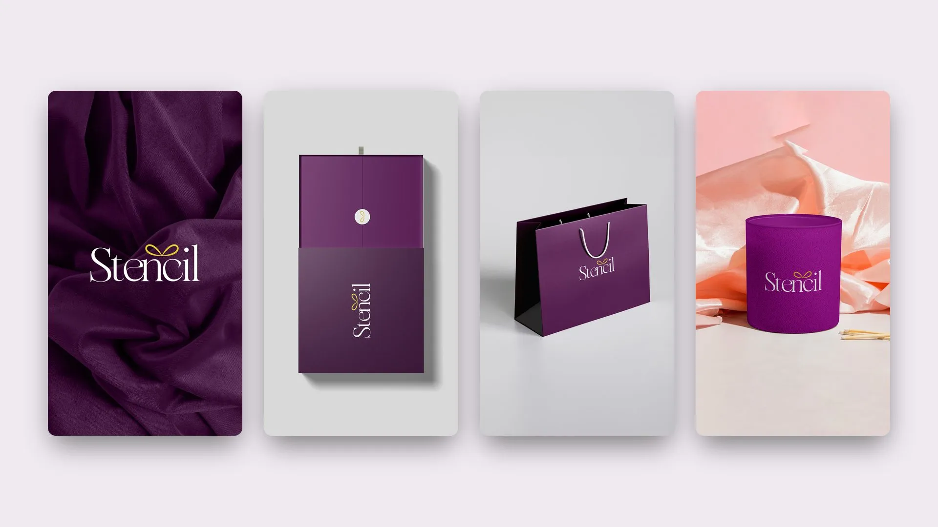 Stencil logo on fabric, a gift box, a shopping bag and a candle