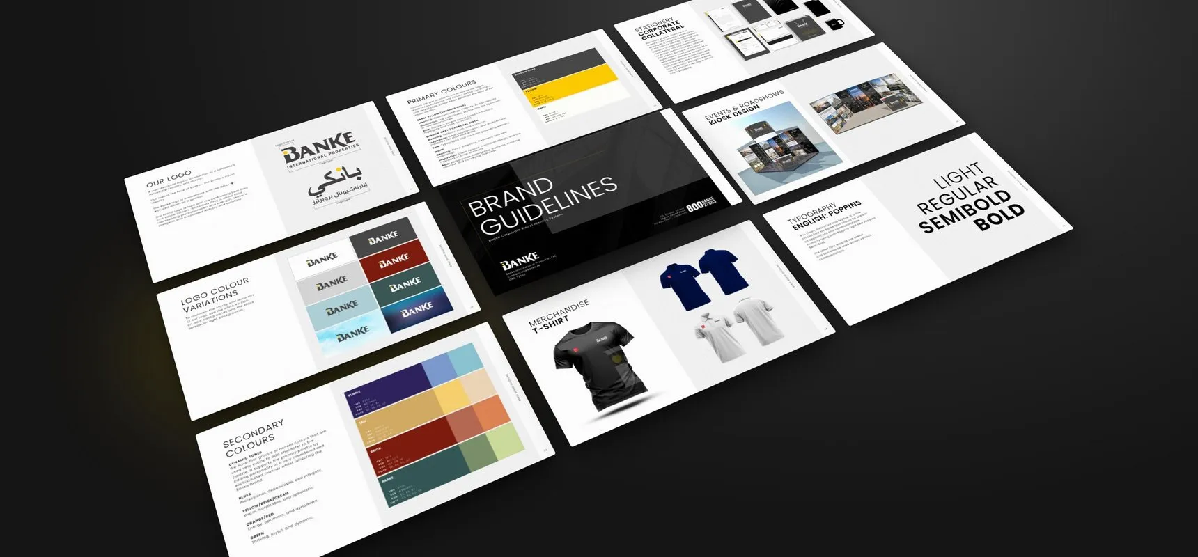 Pages of the Banke brand guidelines laid out in a grid